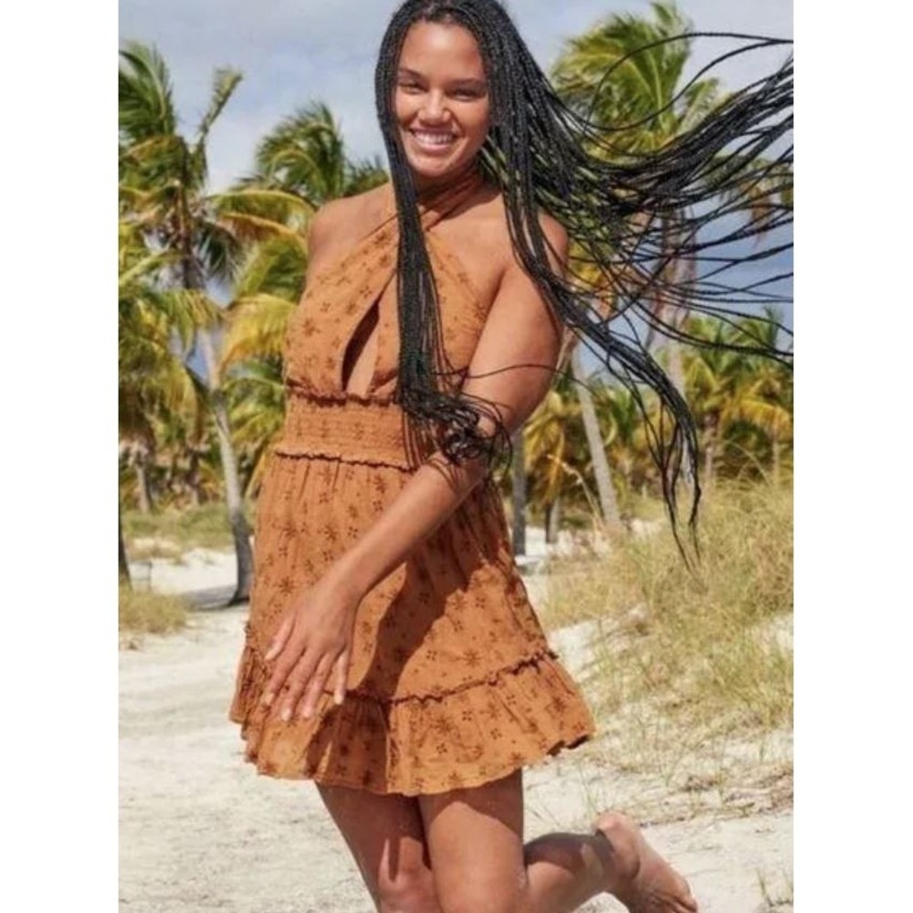 Aerie Women's Halter Embordered Smocked Waist Eyelet Mini Dress Cognac Brown XXL